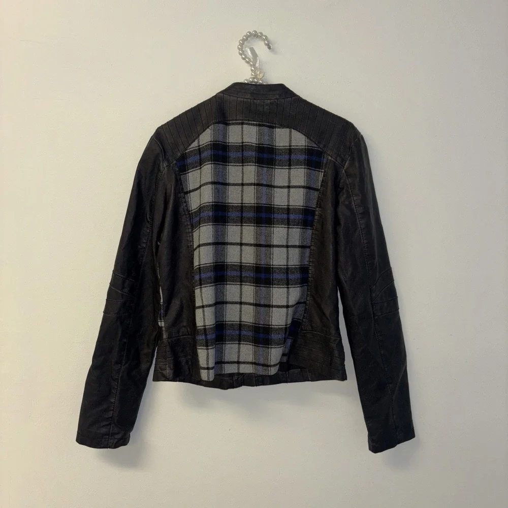 Womens Vegan Leather Jacket Sz L Plaid Vtg Classic Coat Y2K Art To Wear Winter